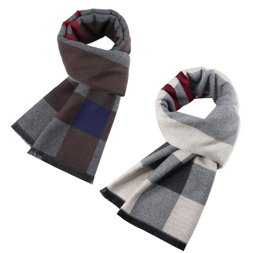 4044 2 Packs Cashmere Feel Scarf for Winter, Lattice Grid Plaid Stripe
